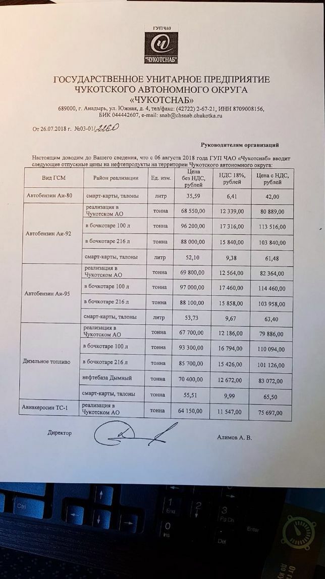 Отпускные цены ГП ЧАО "Чукотснаб" на нефтепродукты с 6 августа 2018 года