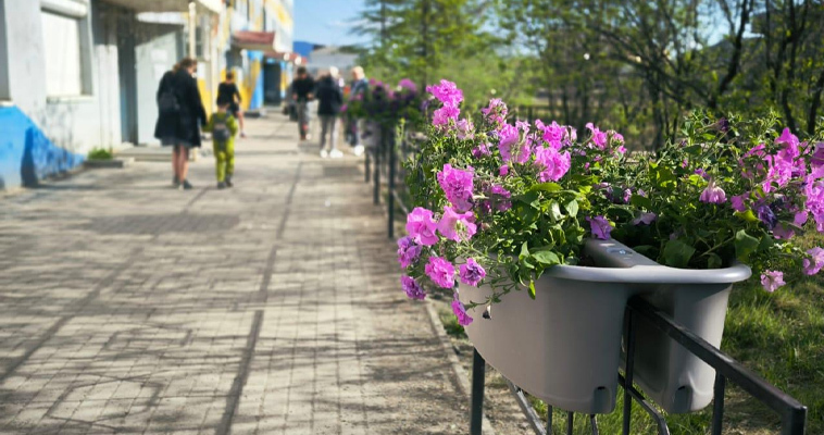Подвесные клумбы с цветами впервые украсили Билибино